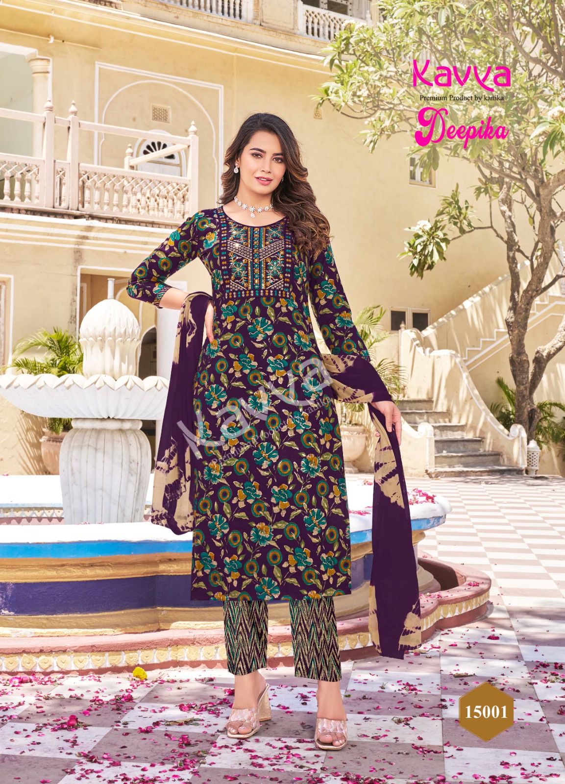 Deepika Vol 15 By Kavya Straight Cut Embroidery Kurti With Bottom Dupatta Wholesale Price In Surat
